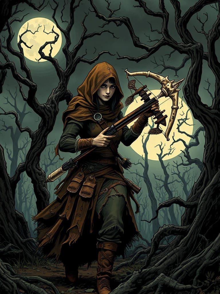 Lonely Huntress Stalks Prey in Dark, Gothic Forest