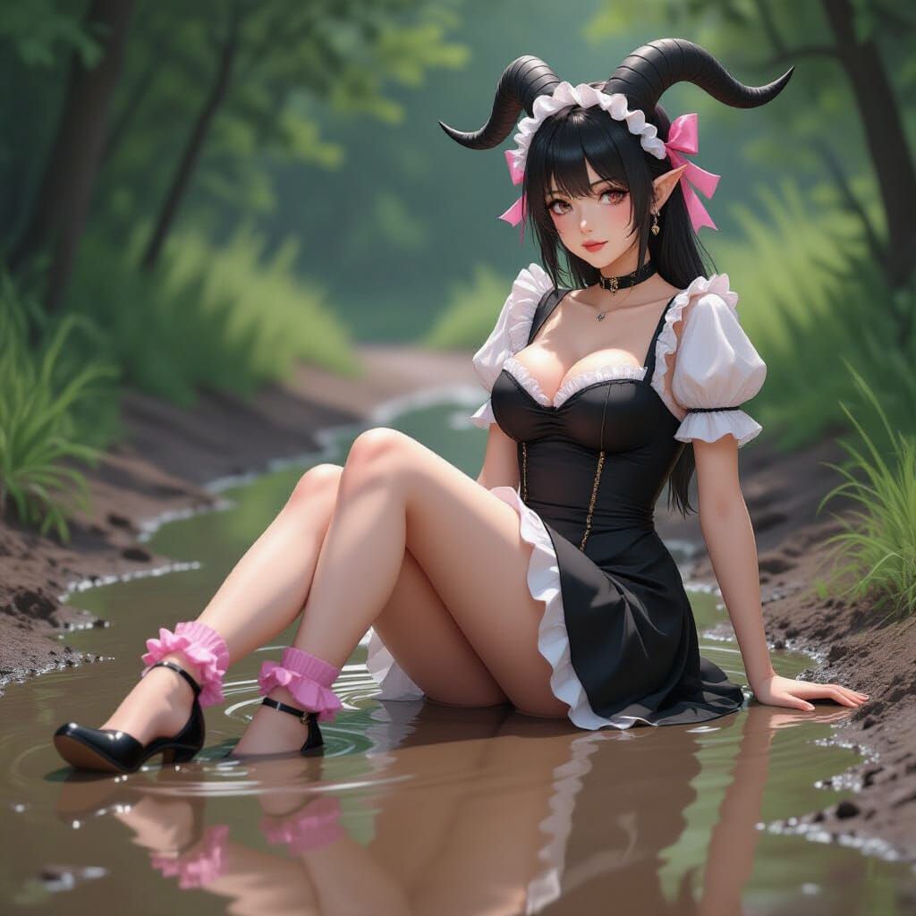 Goatfolk Maid in Mud Puddle with Pink Accents