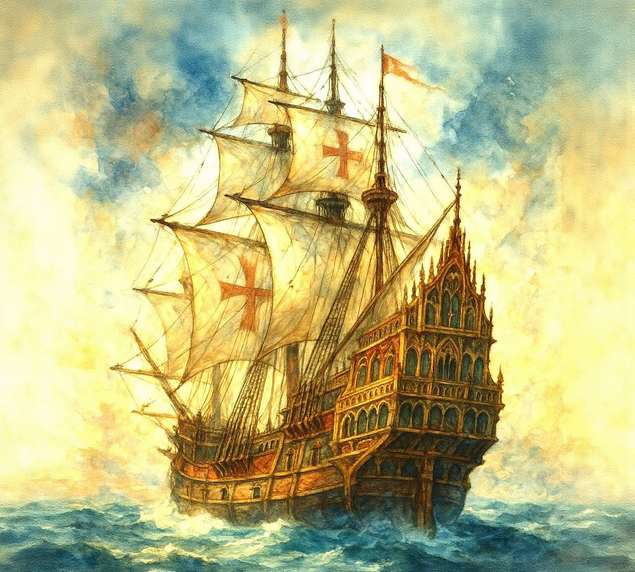 Epic 16th Century Galleon Watercolor Painting