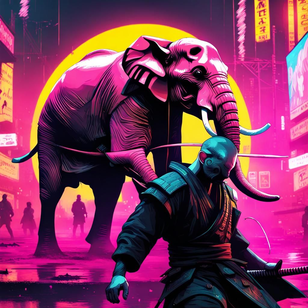 Cyberpunk Samurai Mouse Versus Elephant Double Exposure