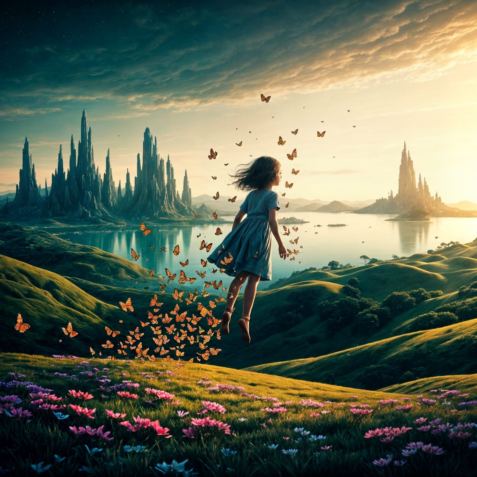 Fantastical Butterflies Lift a Child Above a Dreamy Landscap...