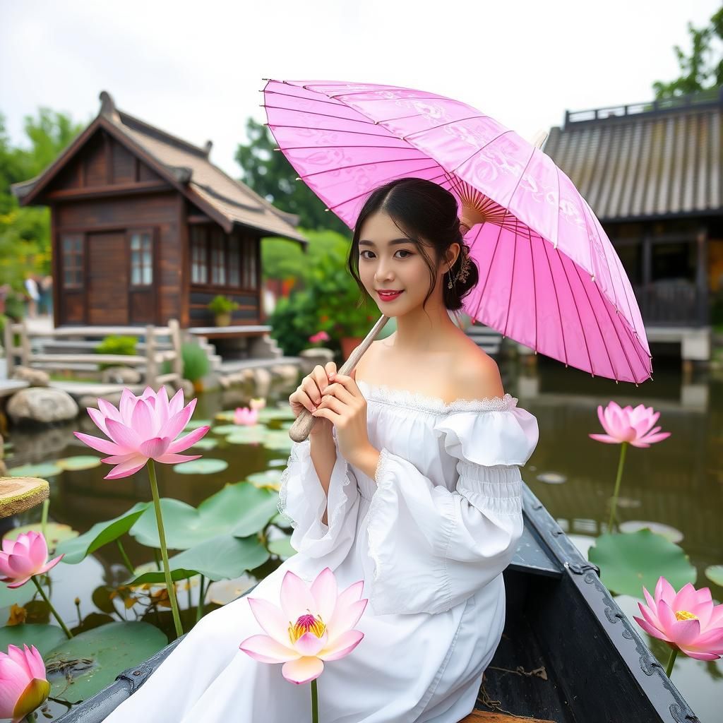 Woman with Umbrella on Boat by Lotus Pond