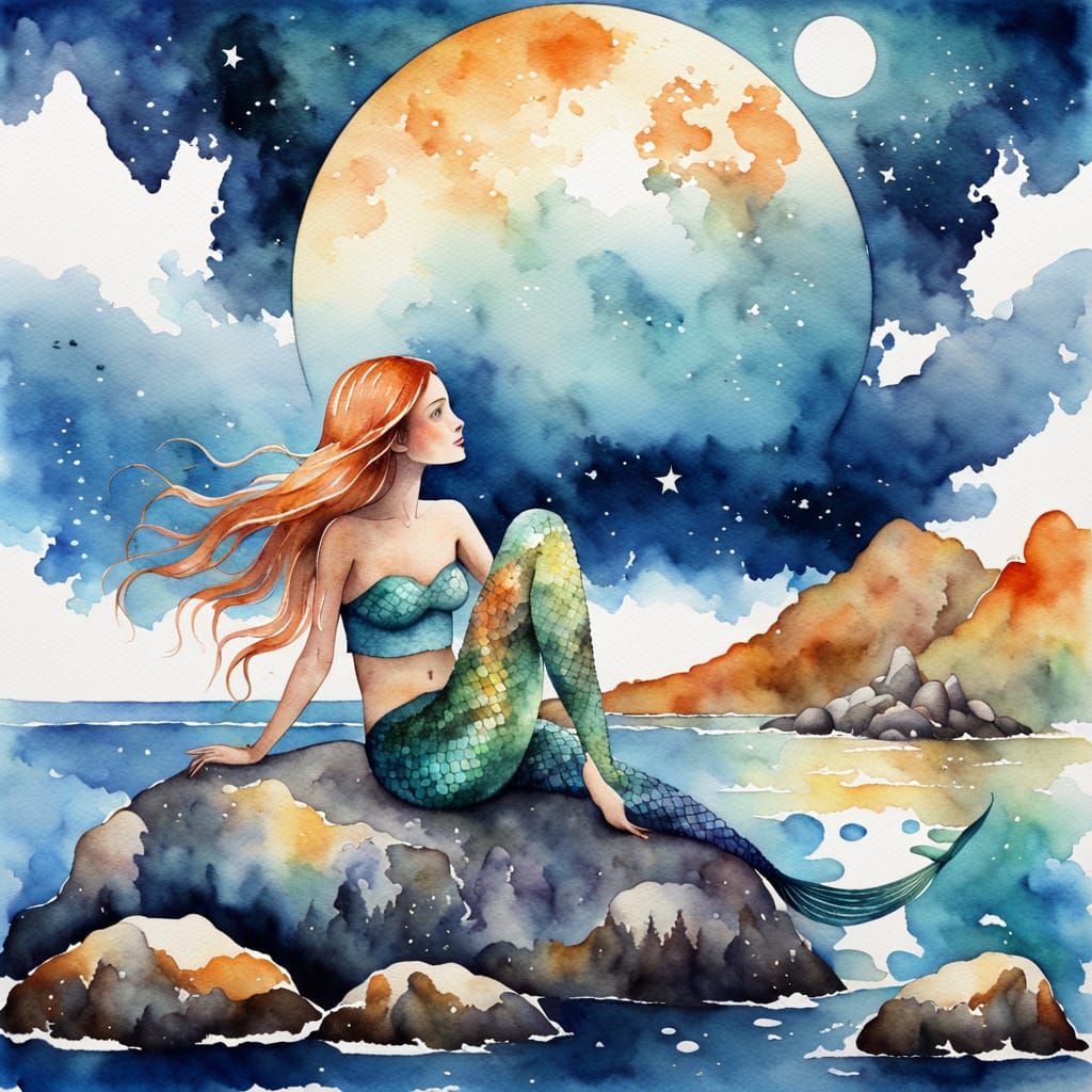 Watercolor Mermaid Under the Moon