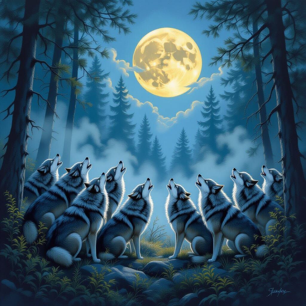 Wolf Pack Howling at Moon in Wildlife Art Style