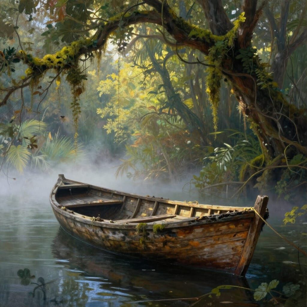 Ancient Boat in Misty Lagoon with Filtered Sunlight