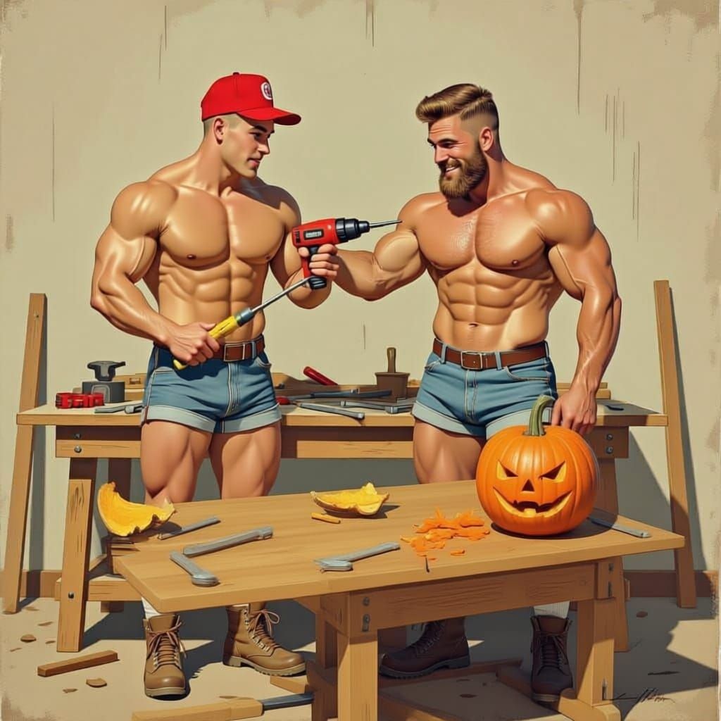 Muscular Men with Pumpkin Tools in Nostalgic Illustration St...