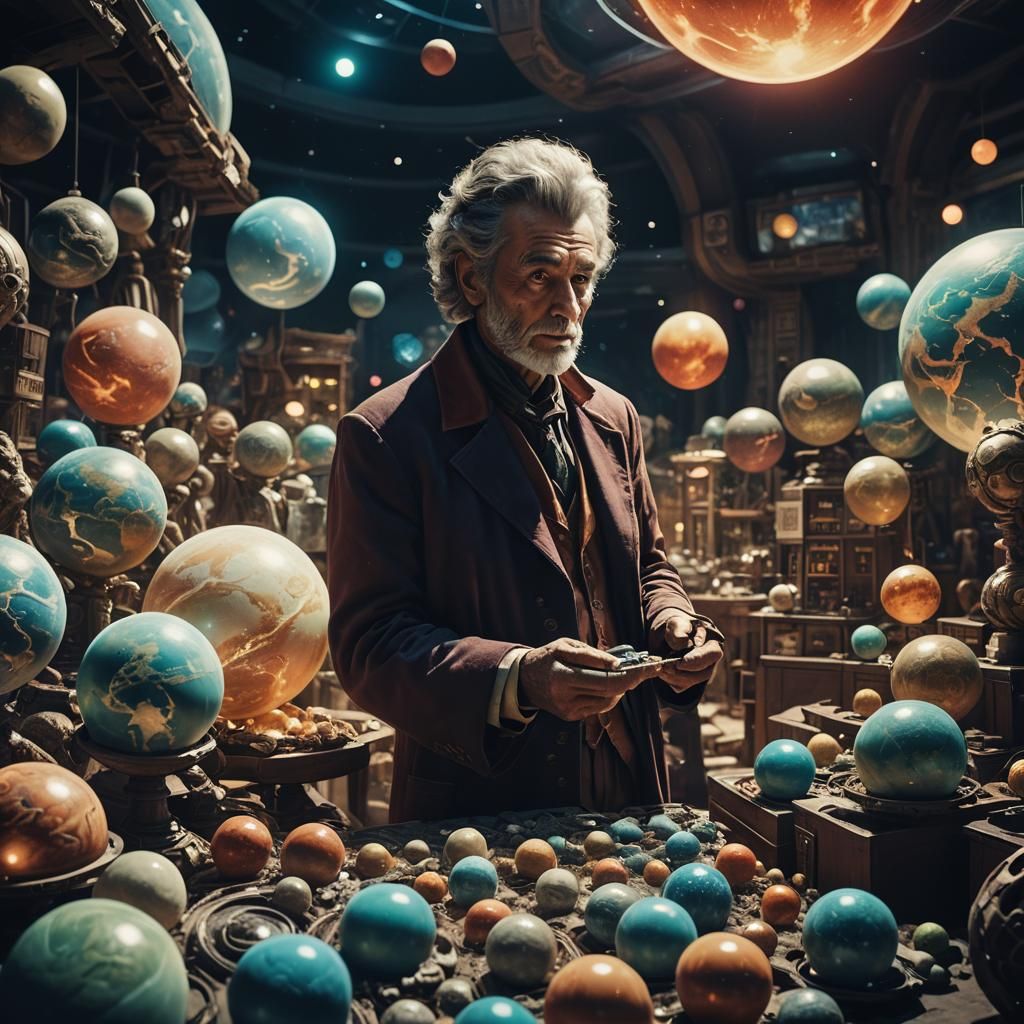 Cosmic Merchant Selling Planets in Cinematic Style