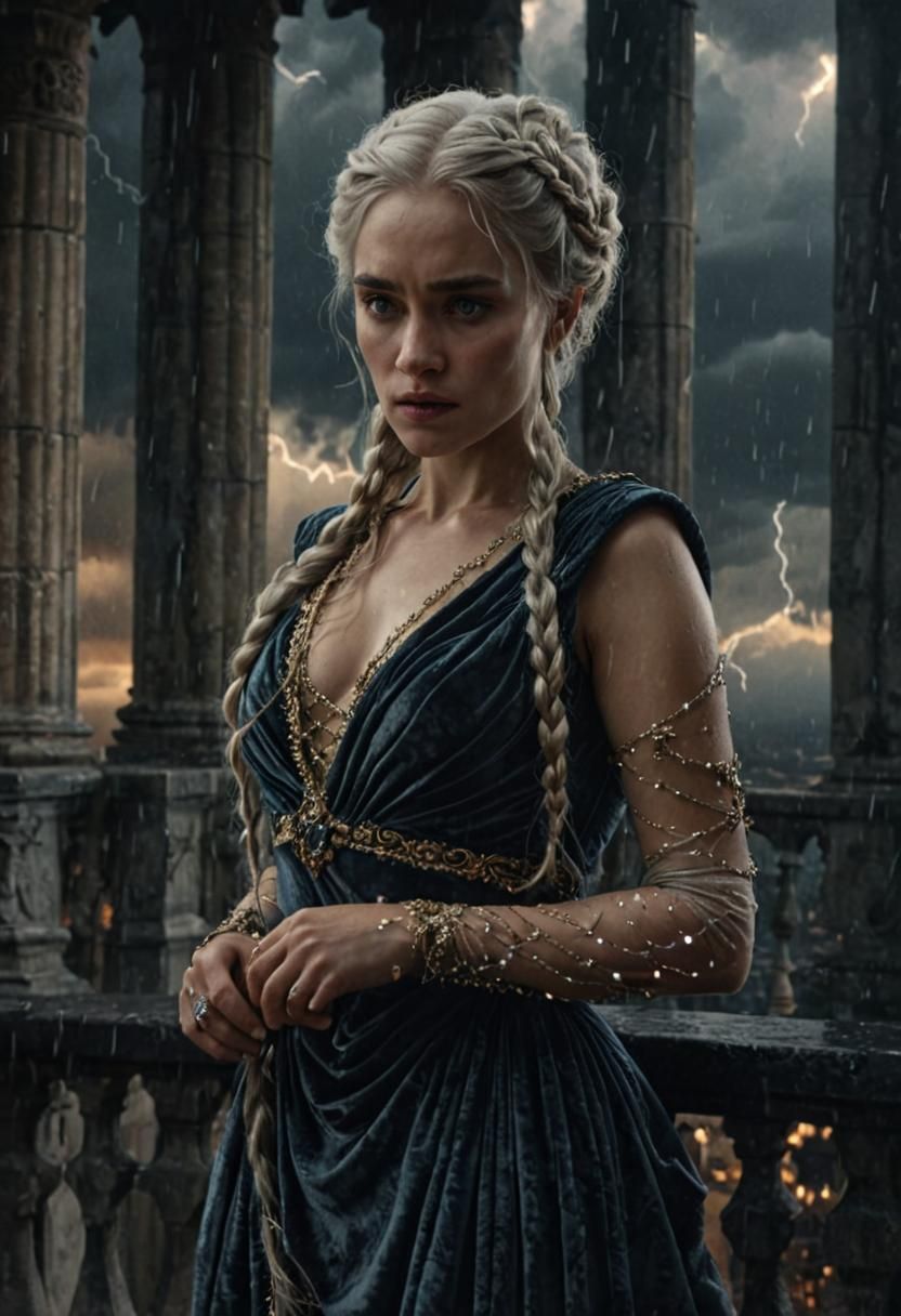 Medieval Lady on Balcony Overlooking Stormy Sky