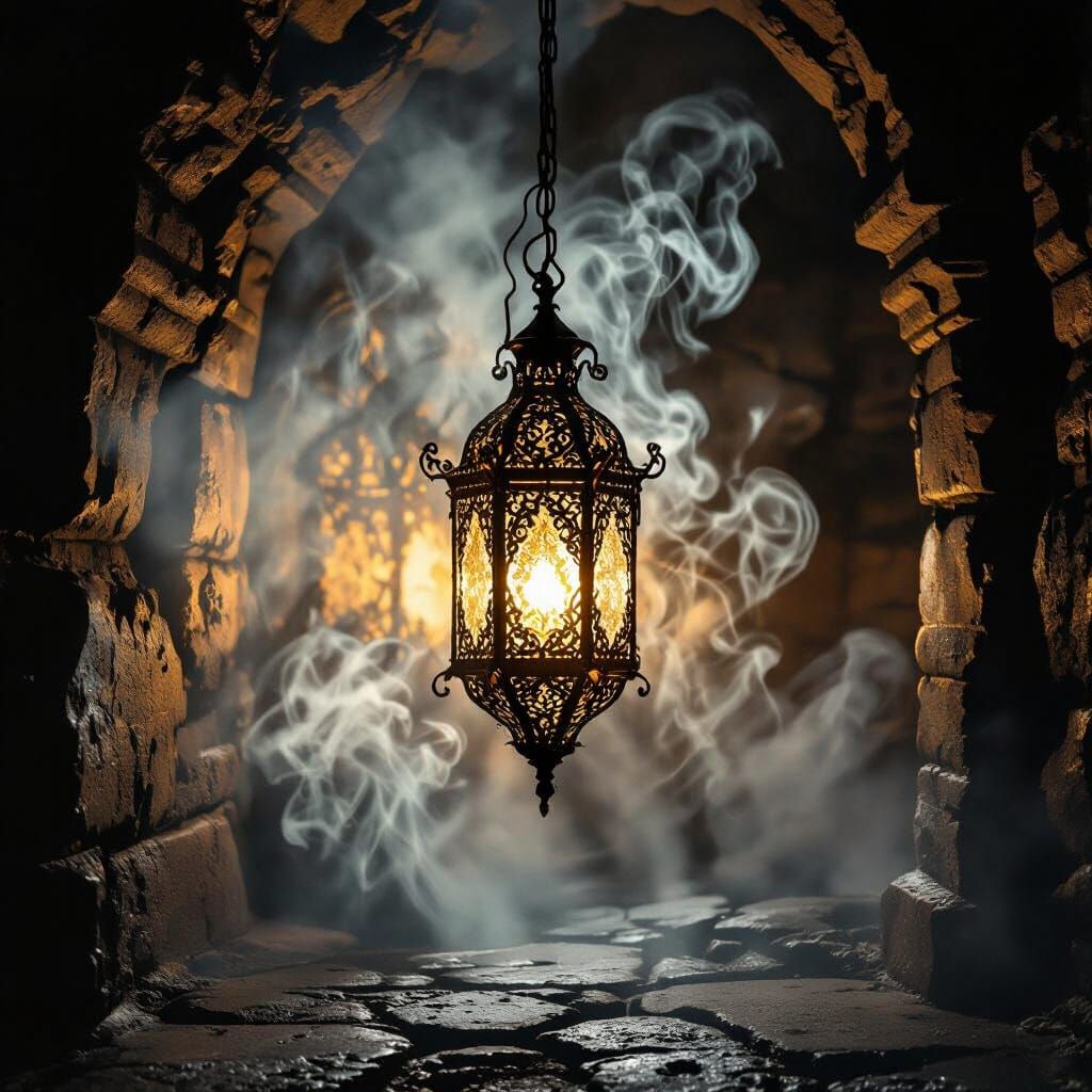 Mysterious Cavern Lit by Antique Filigree Lantern