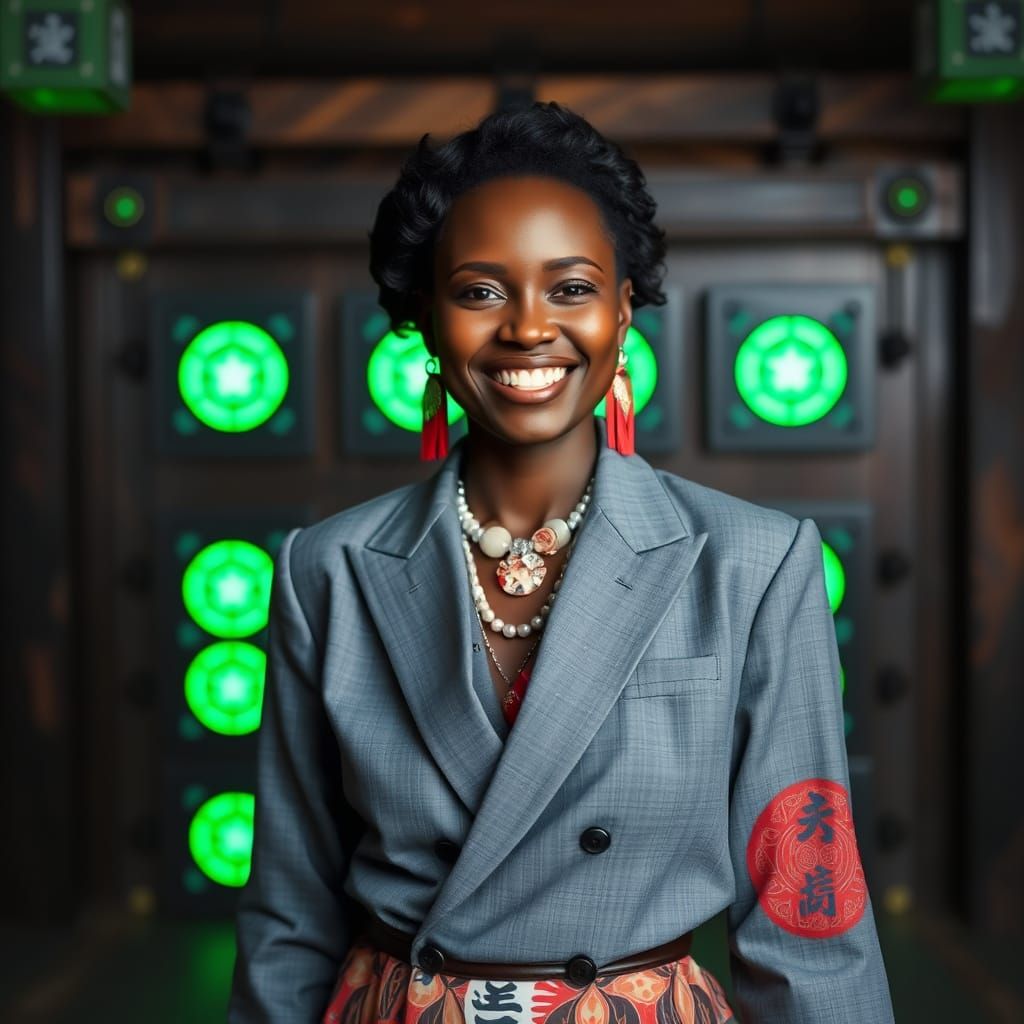 Dark-Skinned Woman in Fusion Fashion with Bokeh