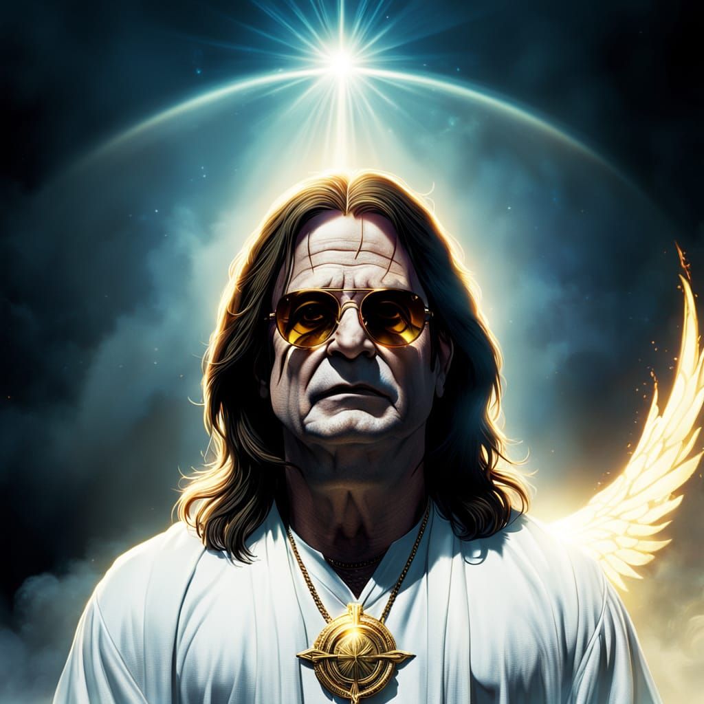 Ozzy Osbourne in White Robe, Halo, Sunglasses: Cinematic Art