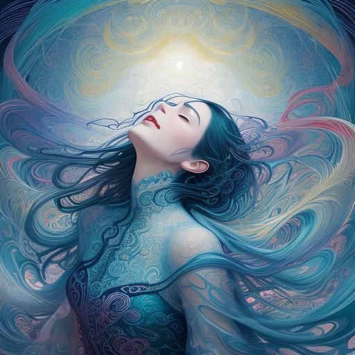 Ecstatic Girl Surrounded by Musical Light Trails