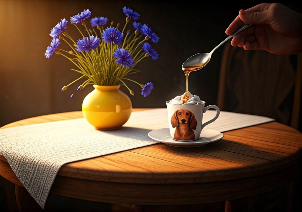 Still Life with Coffee, Cornflowers, and Knitted Tablecloth