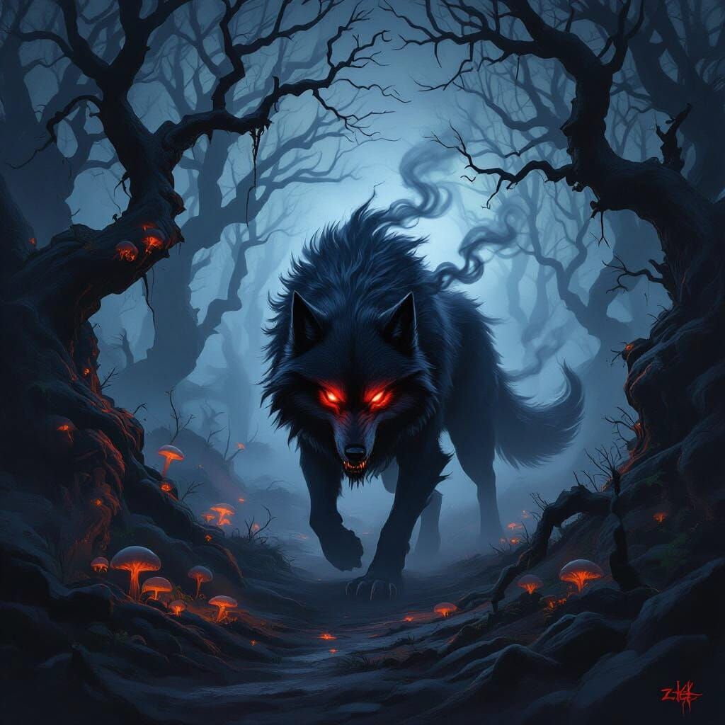 Fearsome Demon Wolf in Dark Fantasy Forest
