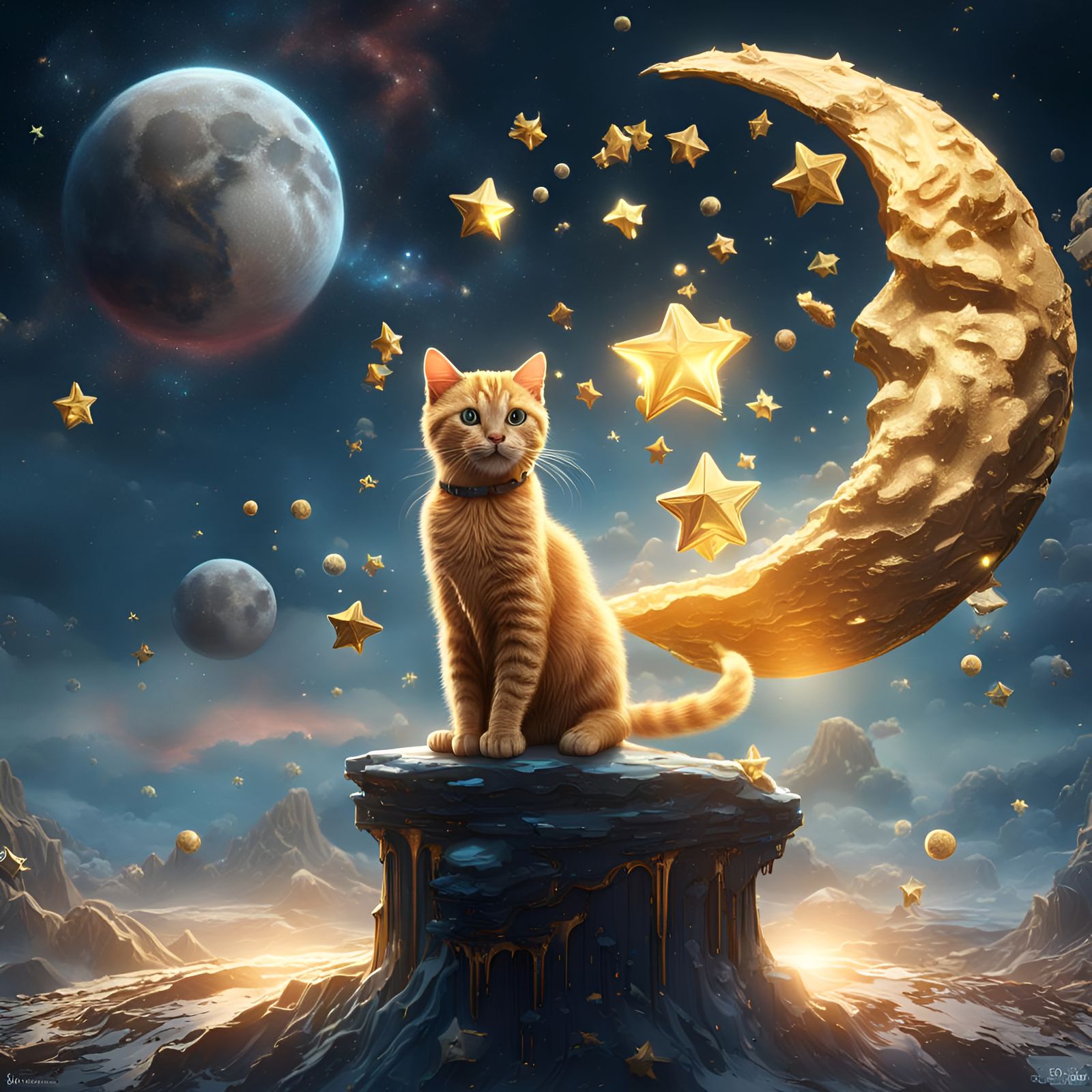 Golden Cat on Melting Moon: Fantasy Concept Art