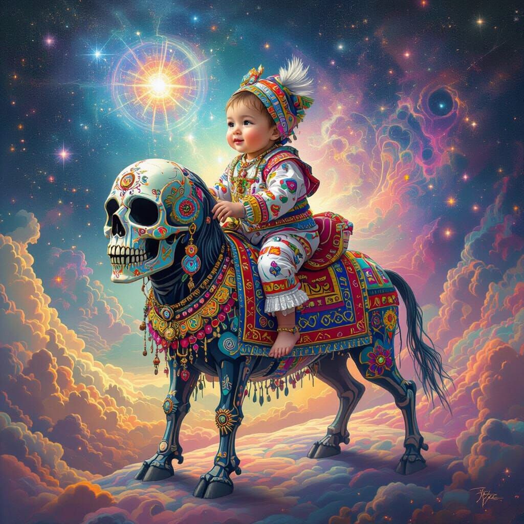 Baby Rides Death in Cosmic Dreamscape