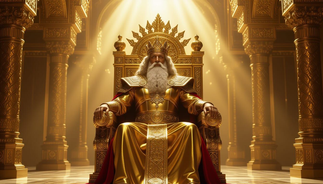 King Solomon on Golden Throne in Epic Palace