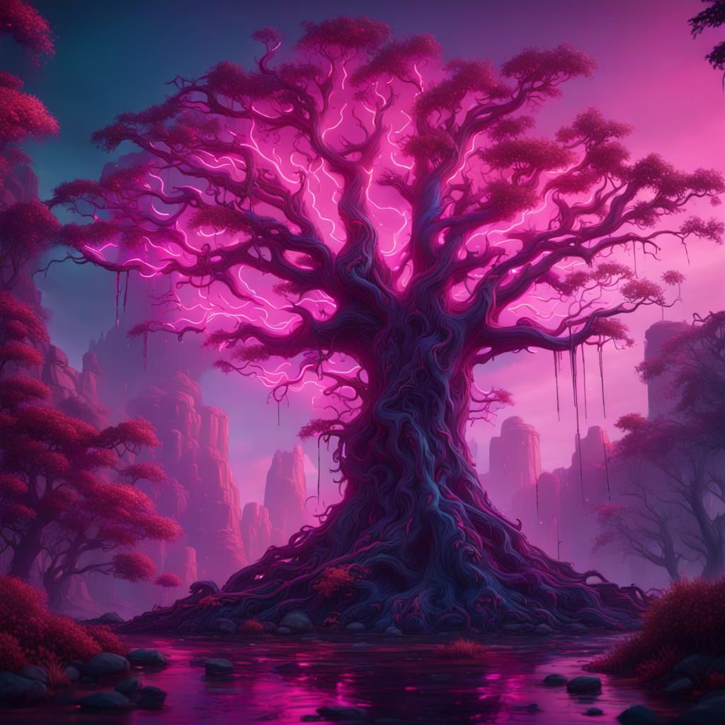 Fantastical Neon Tree in Detailed Matte Painting