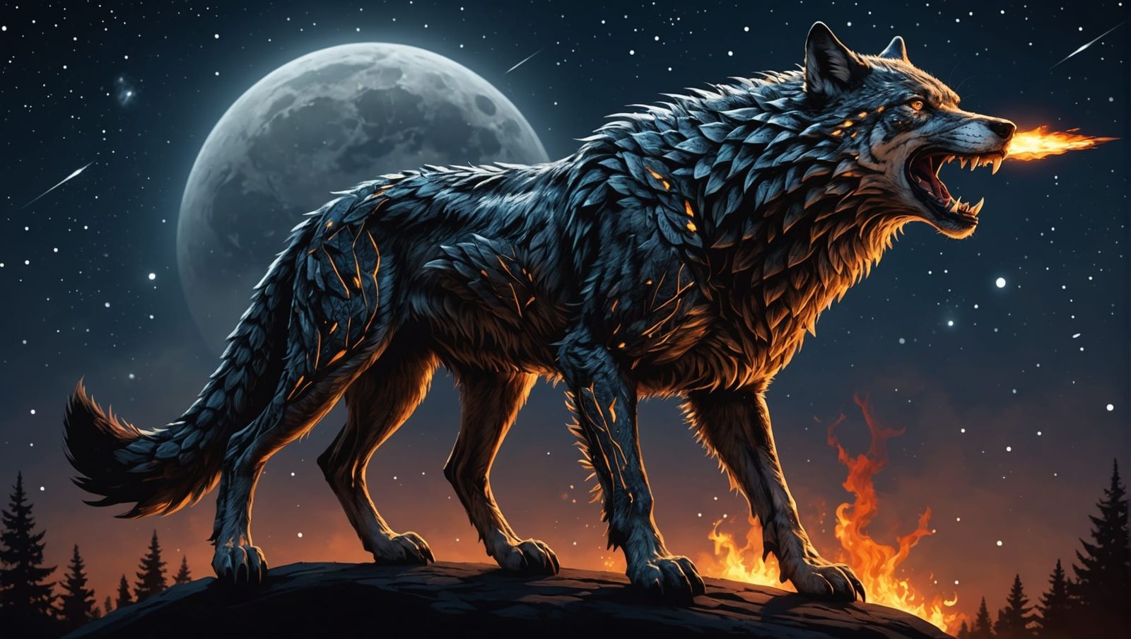 Wolf-Falcon Hybrid Howling at Moonlit Sky