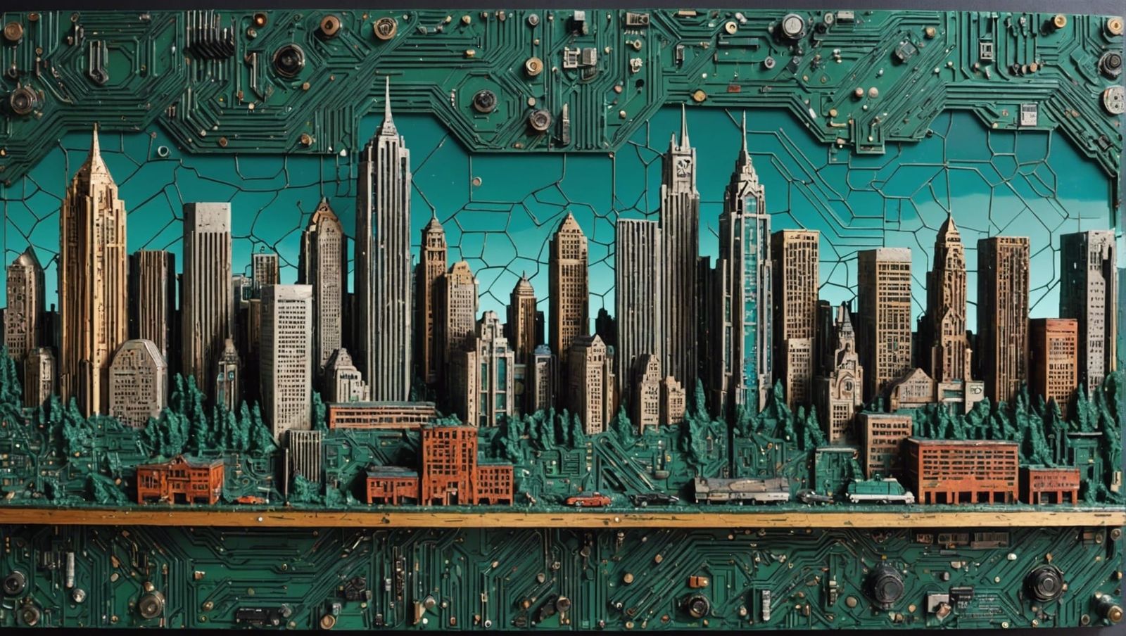 Cyberpunk Detroit Skyline Constructed from Circuit Boards