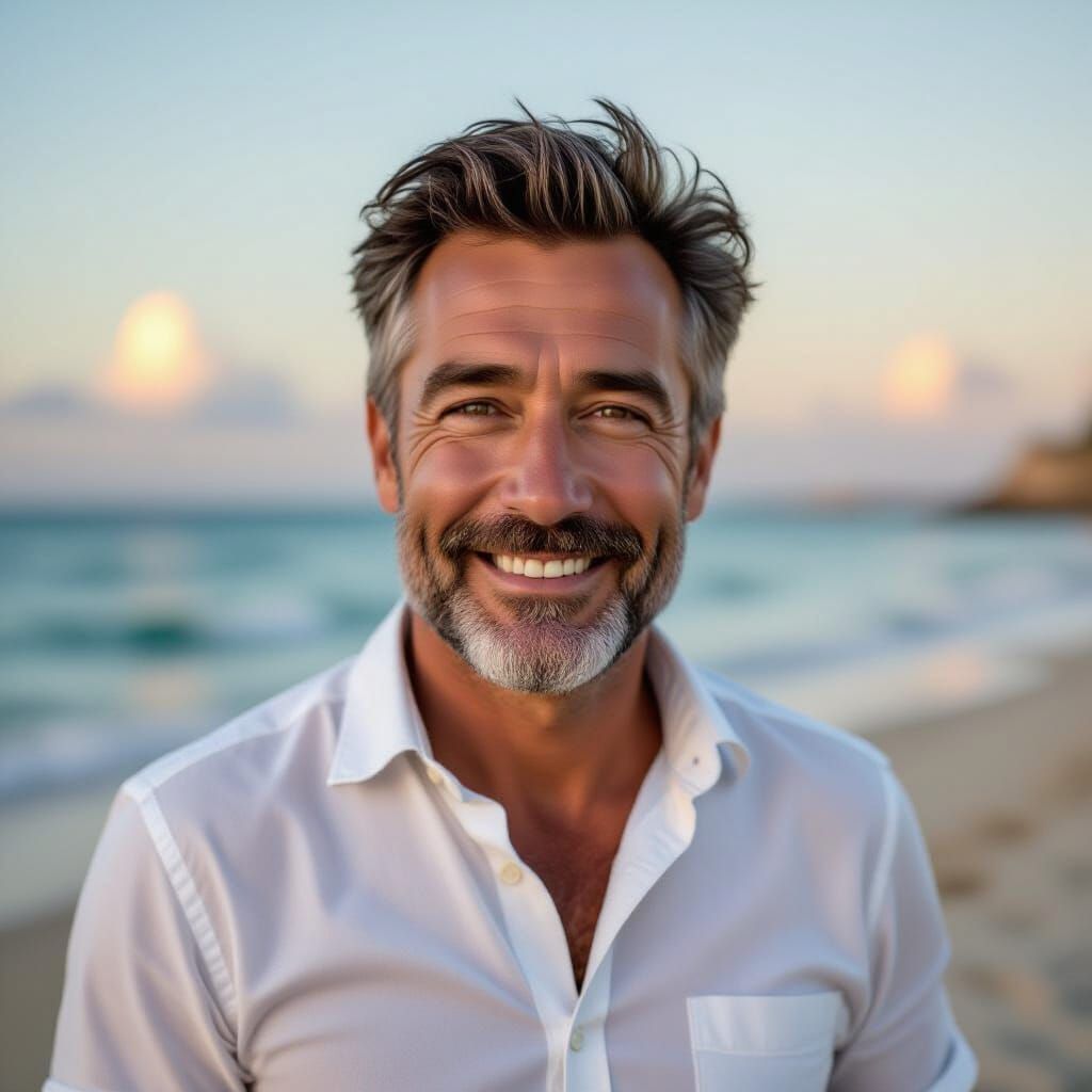 Sun-Kissed Man on the Beach in Impressionistic Style