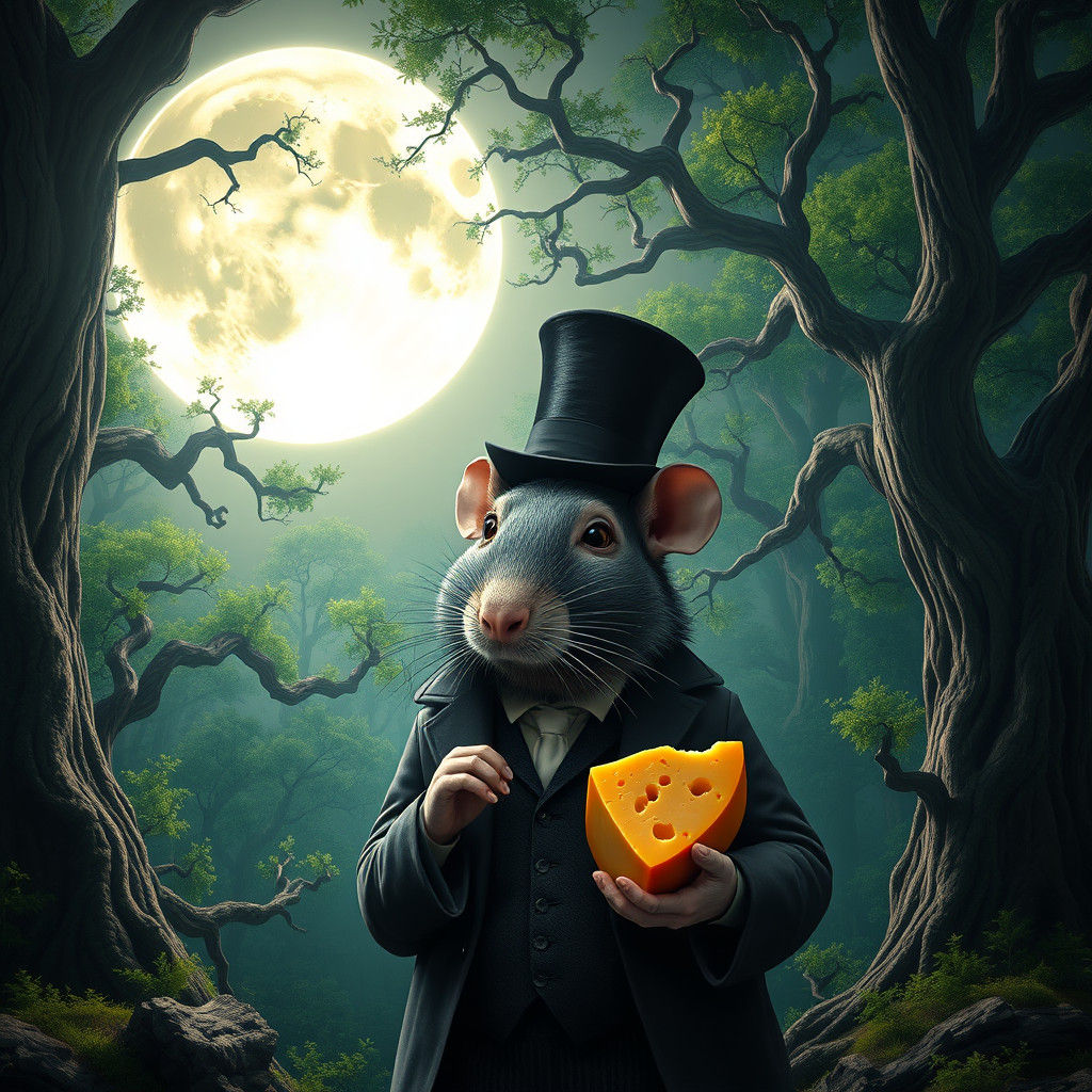 Wise Rat Savoring Cheese in Mystical Forest
