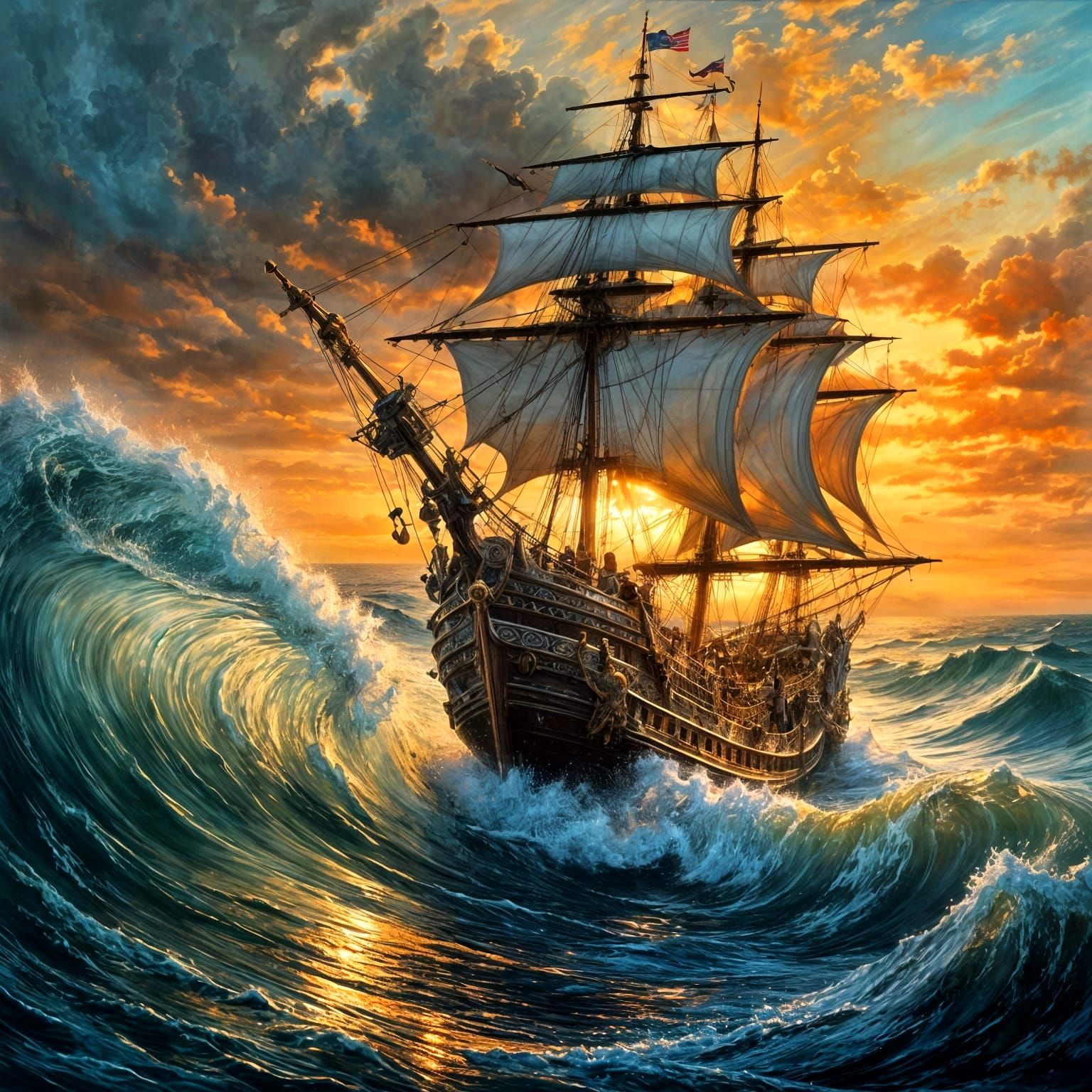 Gilded Galleon at Sunset in Dramatic Light