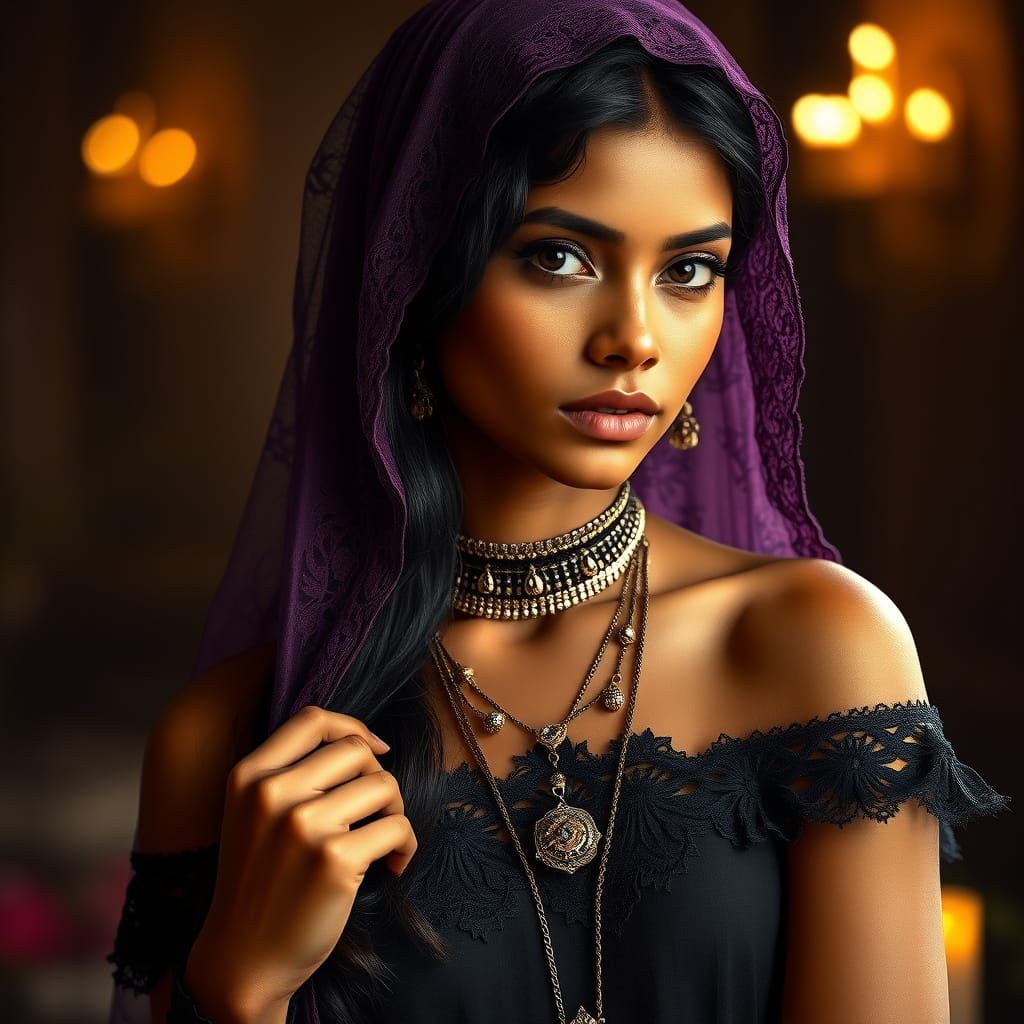 Rajasthan Woman in Dusk-Purple Lace Headscarf