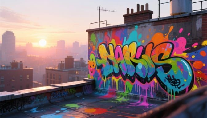 Vibrant Rooftop Graffiti Mural at Dawn