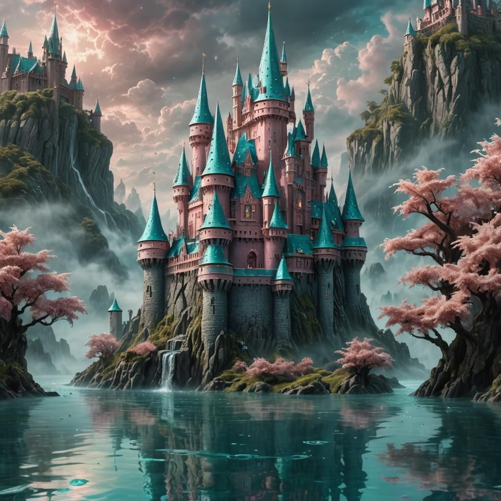 Teal and Rose Castle Besieged by Water Monster