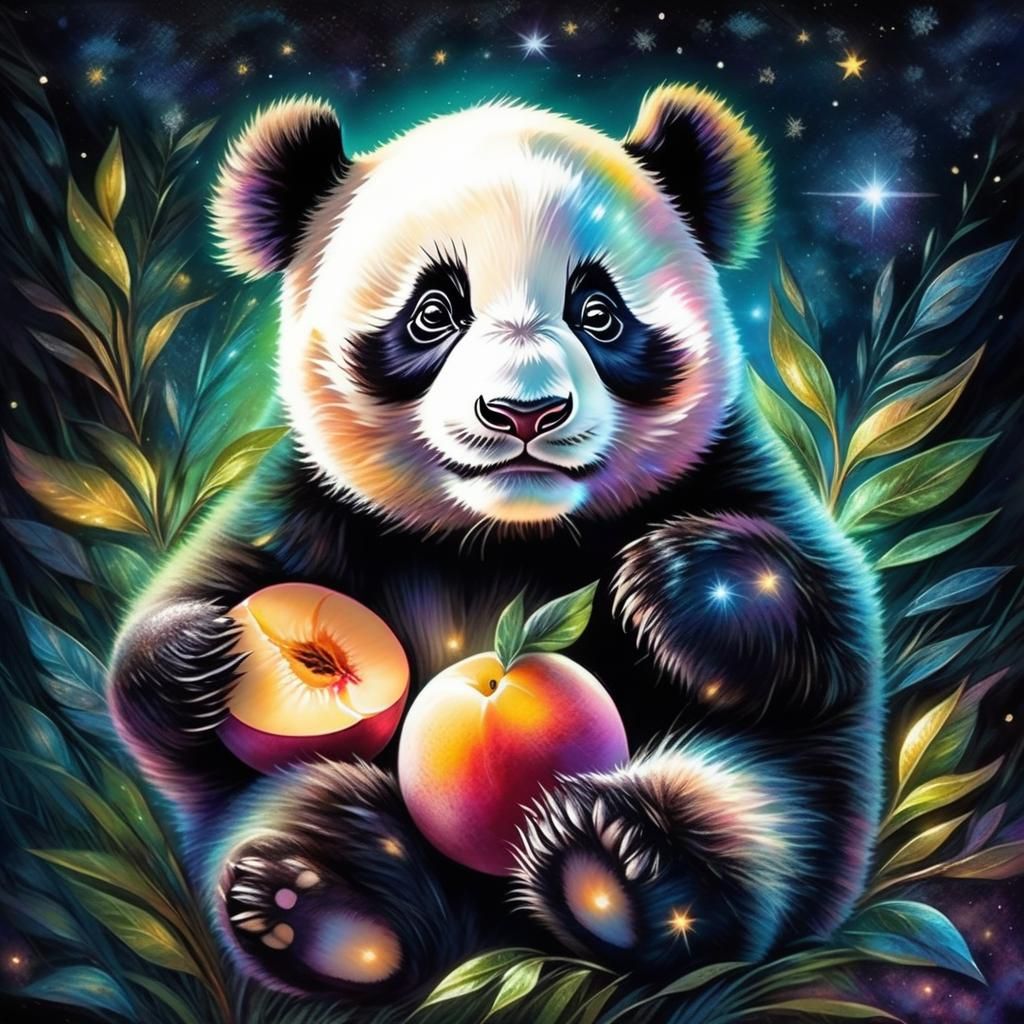 Cute Panda Cub with Peach in Noir Forest Illustration