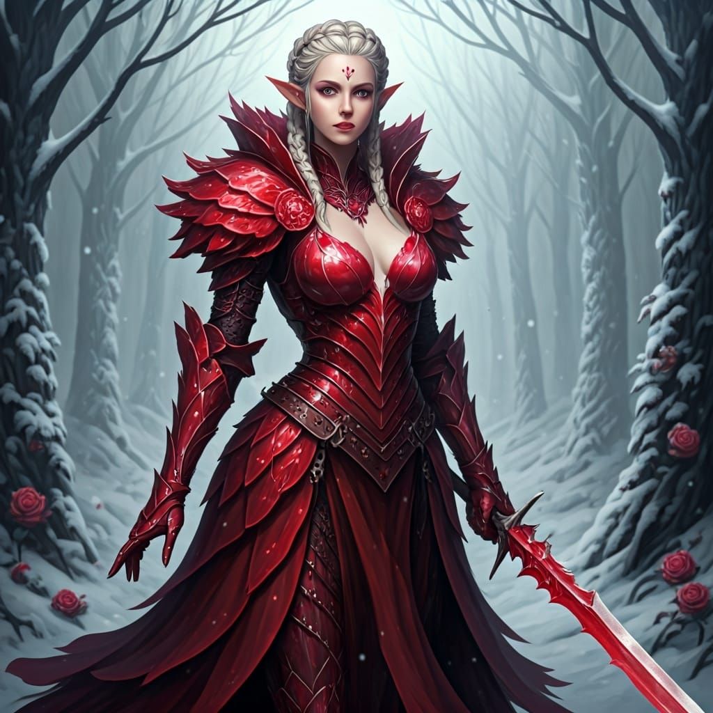 Fey Woman-Knight in Crimson Petal Armor