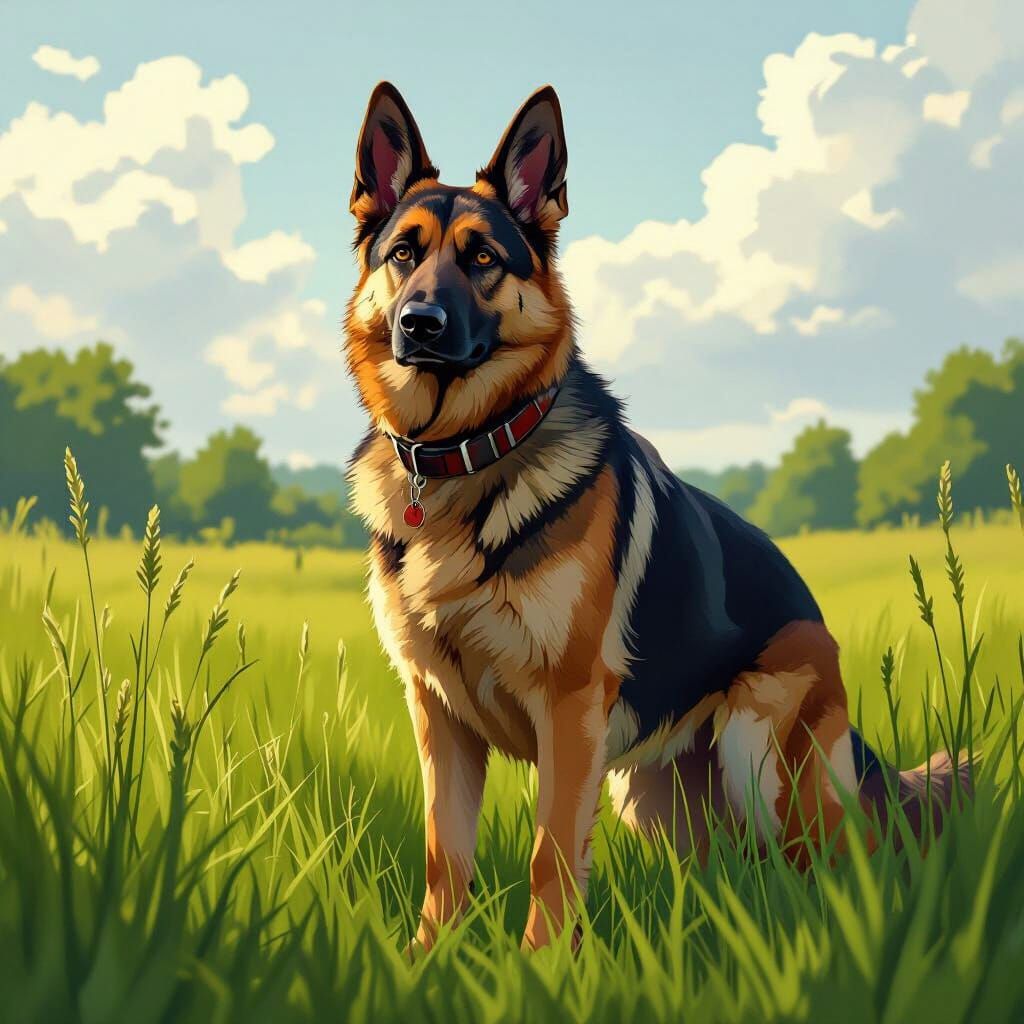 German Shepherd in Lush Meadow, Retro-Futuristic Style