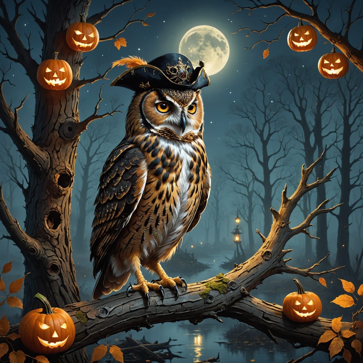 Regal Owl Pirate in Moonlit Swamp