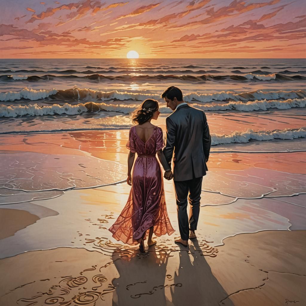 Romantic Couple Etching Sand, Neo-Impressionism Style