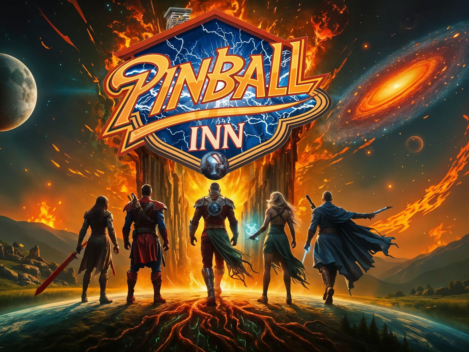 Heroes Facing the Portal: Pinball T-Shirt Design
