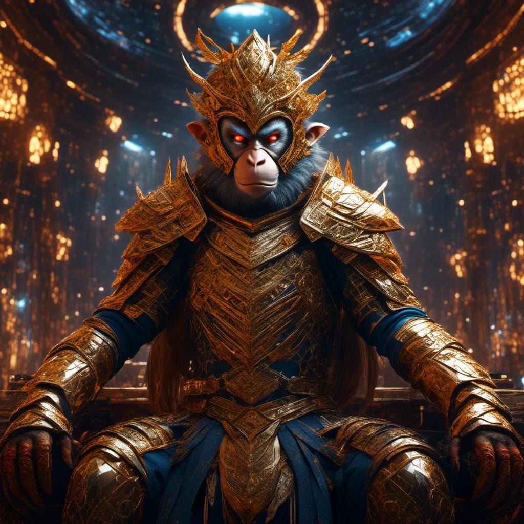 Monkey king, exquisite detailed armor, magical golden red staff, gold thin leaf crown, in a space ship hub looking into ...