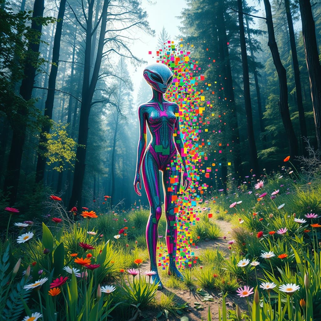 Surreal Alien Glitch Art in Dreamlike Forest