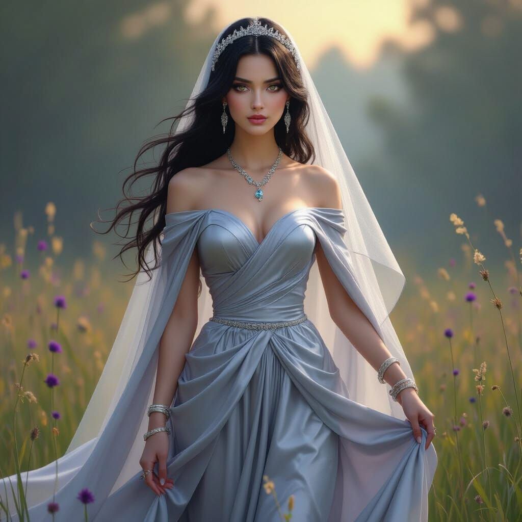 Silver-Eyed Princess in Meadow: Dark Fantasy Concept Art