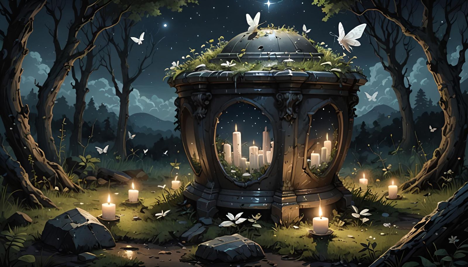 Haunted Roman Urns in Overgrown Forest Landscape