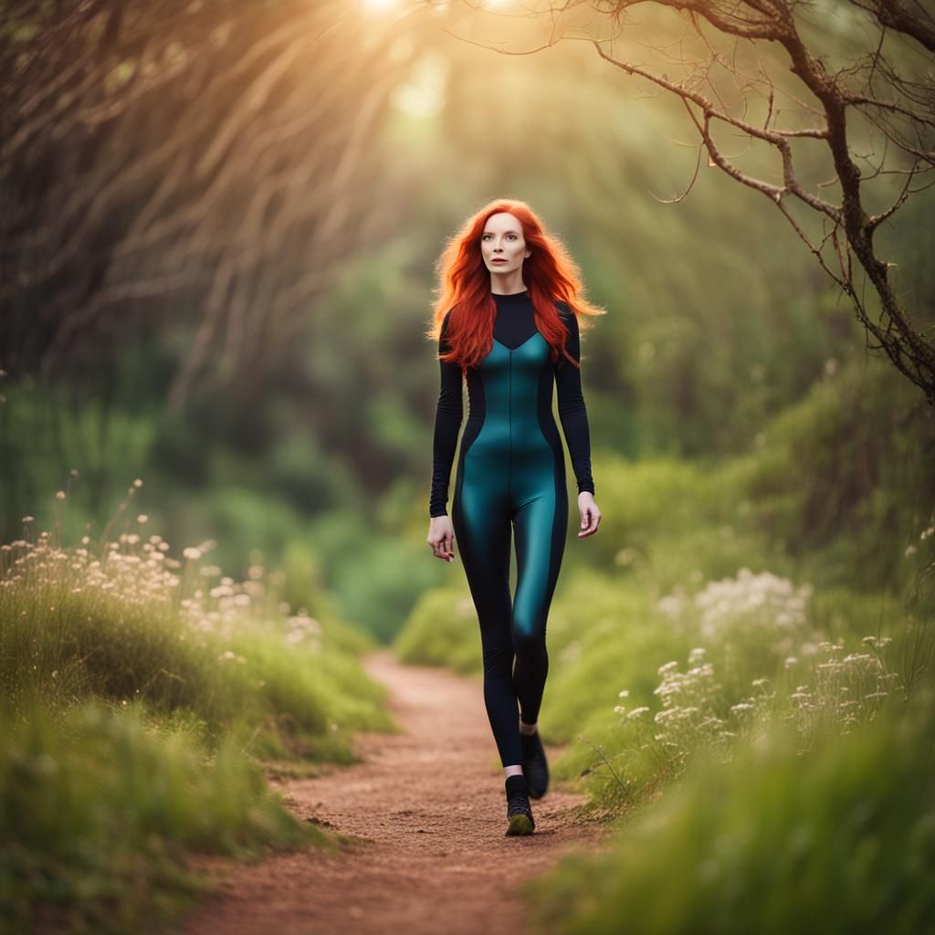Redhead in Spandex Strolls Through Fairy Landscape