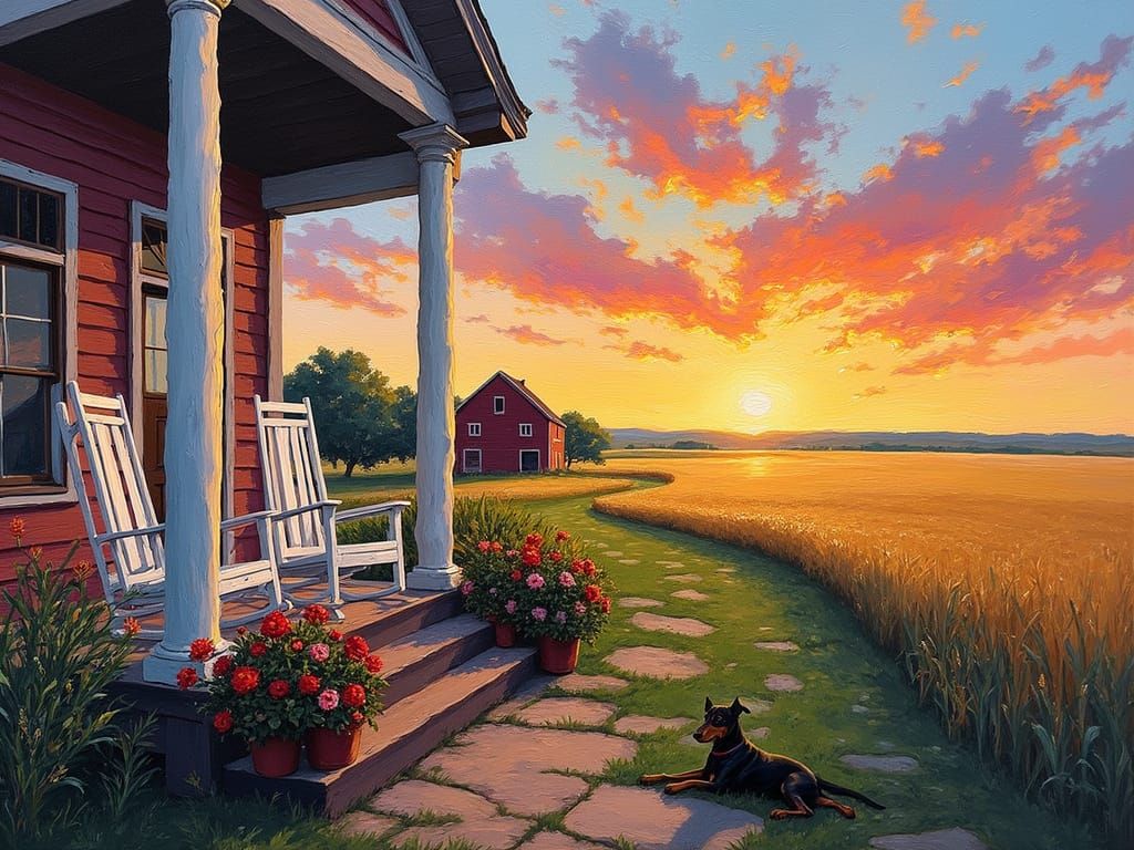 Kansas Farm Sunset: Neo-Impressionist Expressionist Oil Pain...