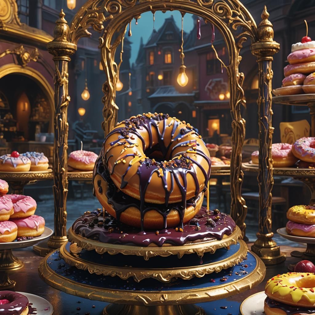 Blueberry Chocolate Donut on Golden Stand, Fantasy Art