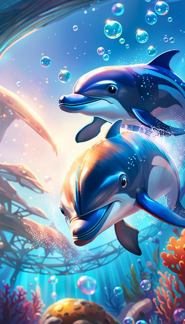 Cute Dolphin Underwater with Coral and Sunbeams