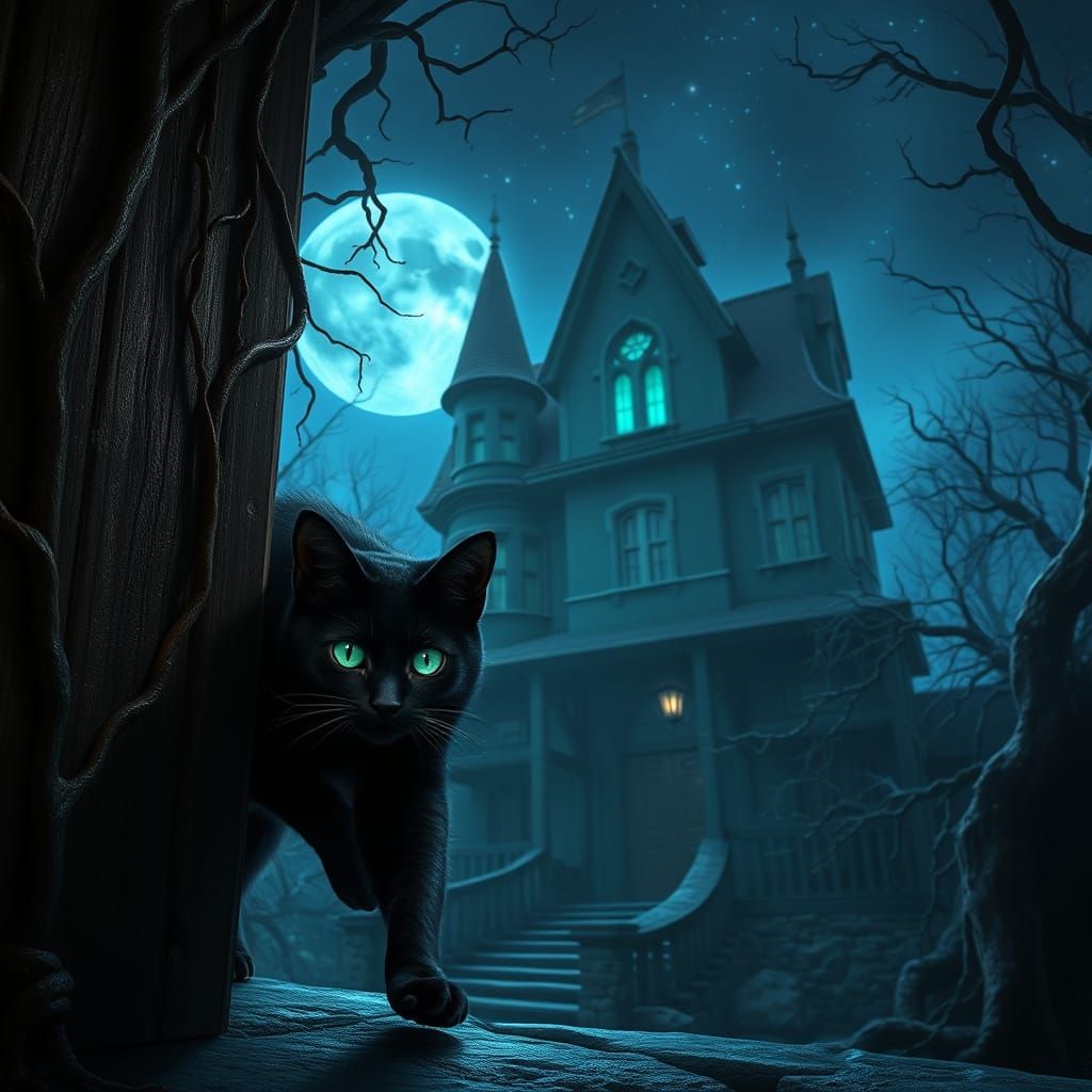 Mysterious Black Cat in Ancient House Under Moonless Night
