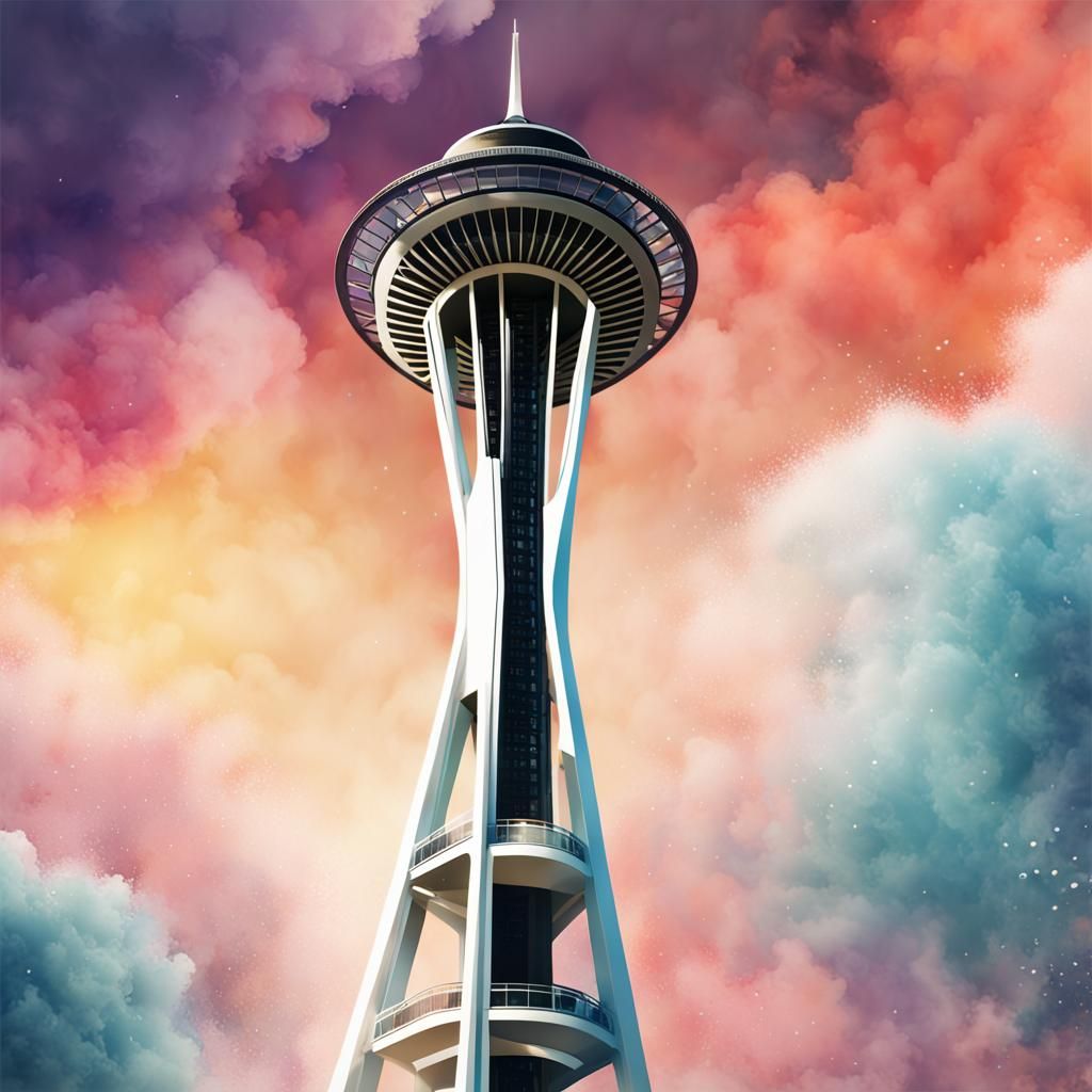 Seattle Space Needle Watercolor Splash Art