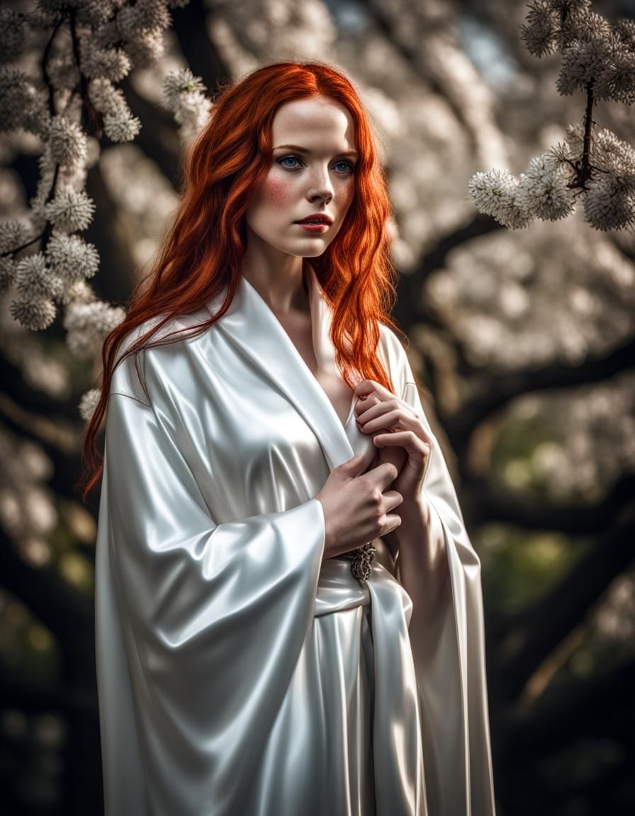 Red-Haired Druidess in Latex Robe by Hawthorne Tree