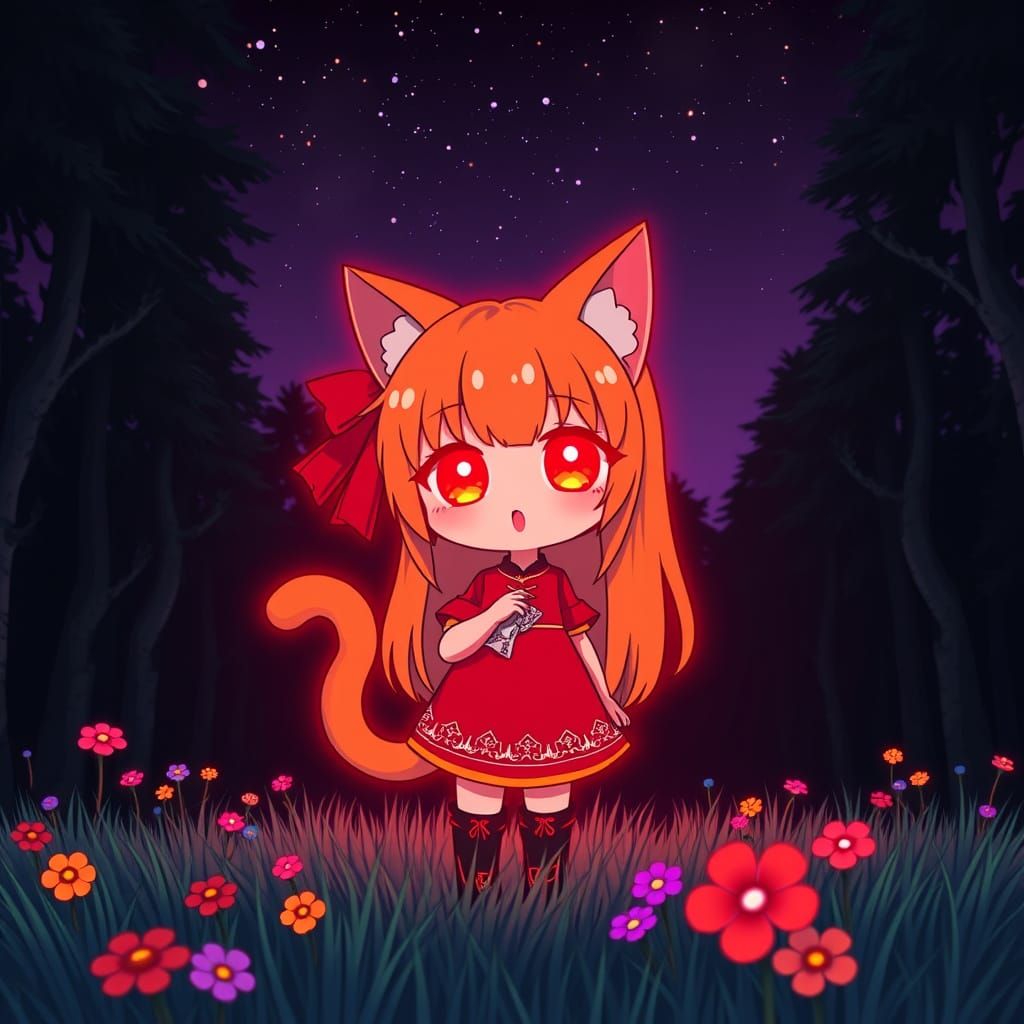 Neon Catgirl Glows in Synthwave Forest