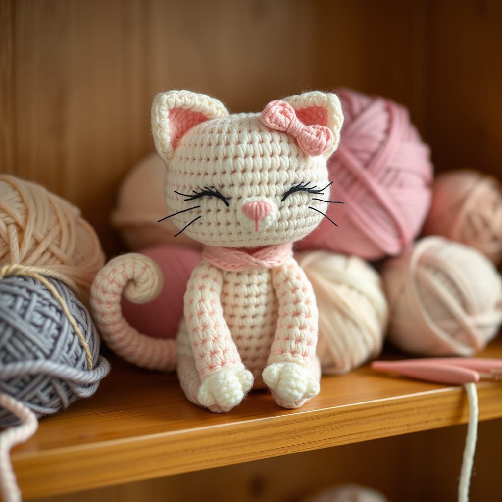 Crocheted Cat Amigurumi with Yarn Balls in Kawaii Style