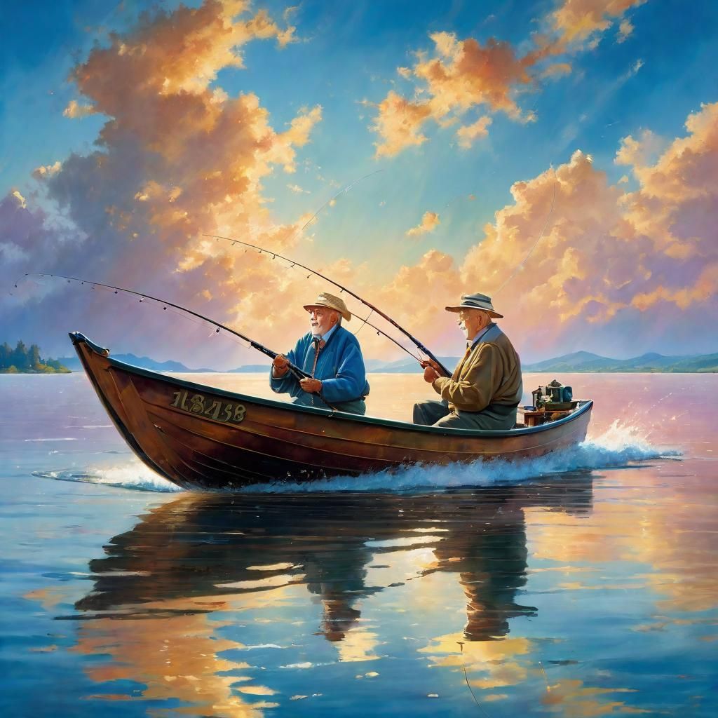 Elderly Friends Fishing on Expansive Lake as Gouache Paintin...